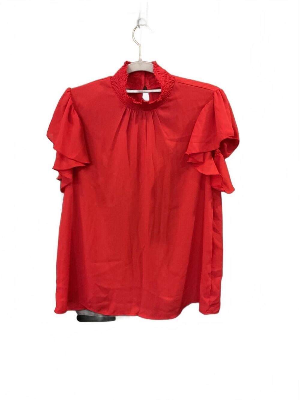 Womens Red Short Sleeve Button Back Neck Blouse Size Small